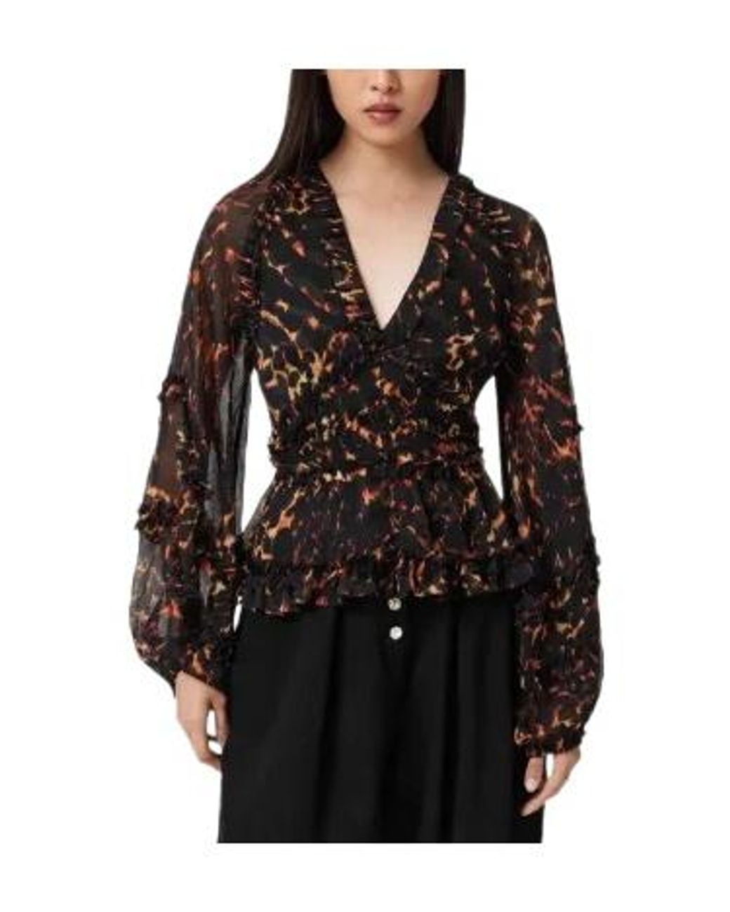 AllSaints Black Ruffled Animal-Print Blouse