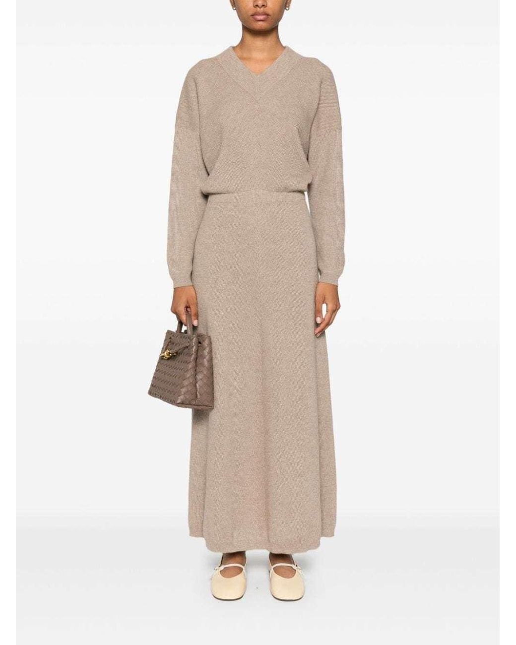 Brunello Cucinelli Natural V-Neck Knitted Maxi Dress