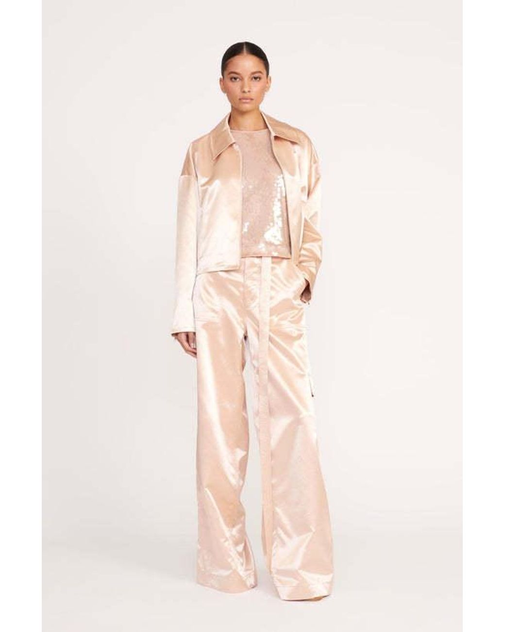 Staud Natural Belted Satin-Finish Palazzo Pants