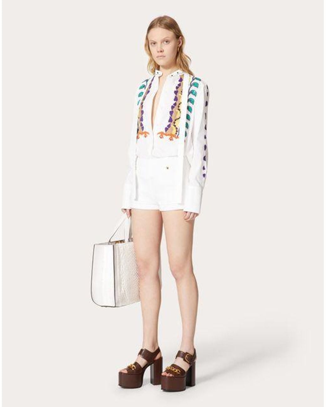 Valentino White Bead-Embellished Cotton Poplin Shirt