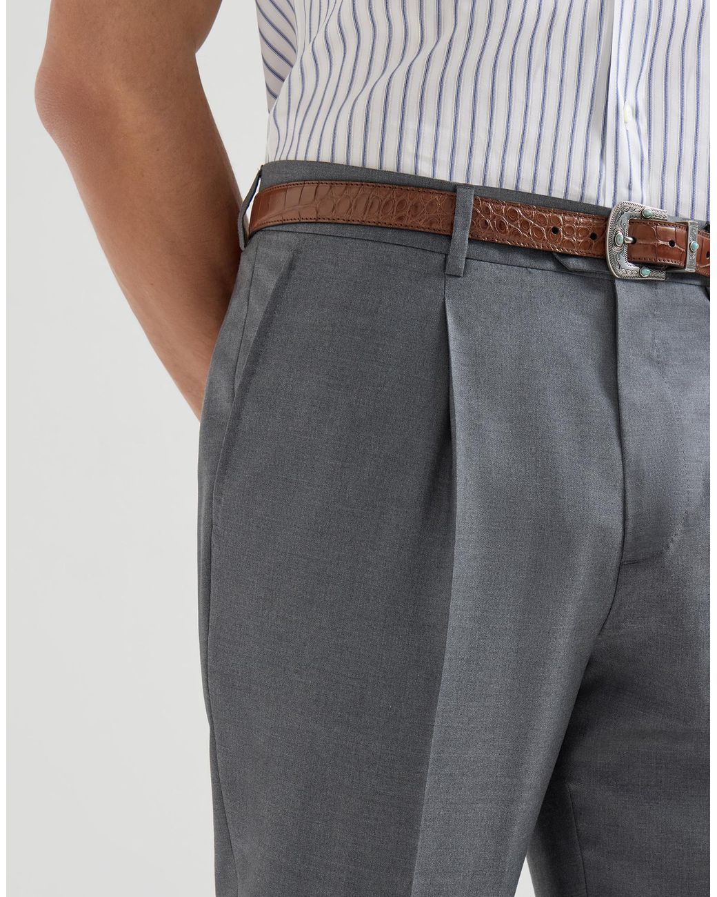 Brunello Cucinelli Gray Super 150S Virgin Wool Four Season Batavia Trousers With Pleat for men