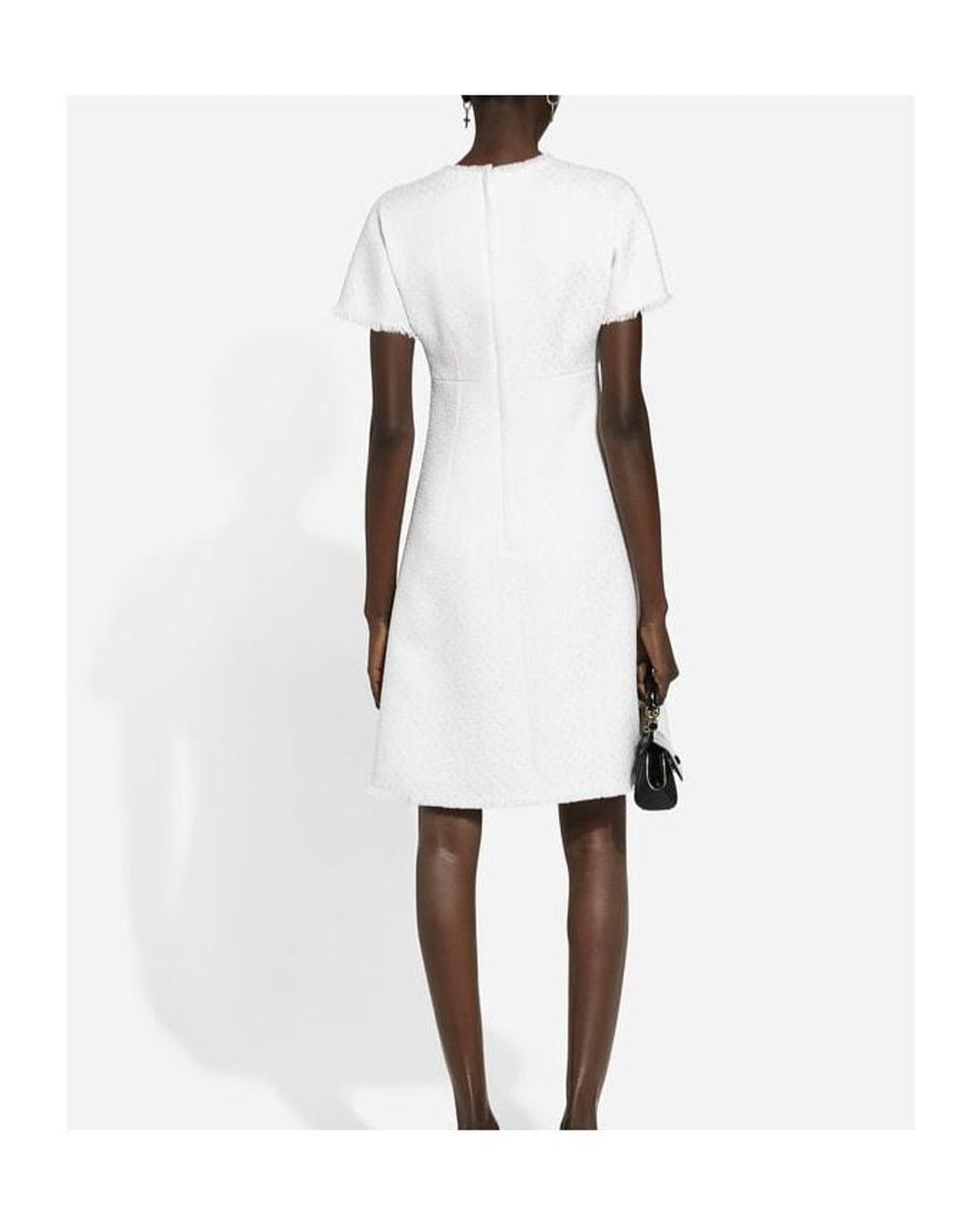 Dolce & Gabbana White Dg Logo Plaque Raschel Tweed Midi Dress