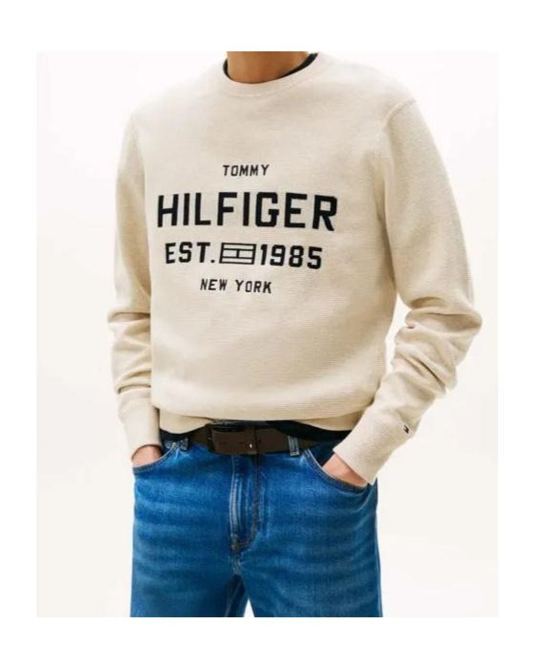 Tommy Hilfiger White Logo-Detail Knitted Cotton Sweater for men