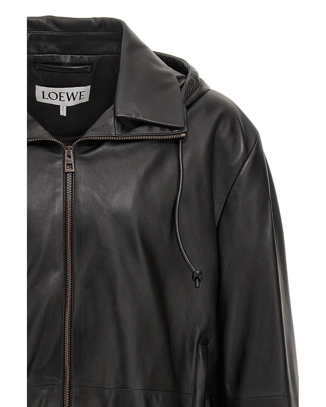 Loewe Black Hooded Zipped Leather Jacket for men