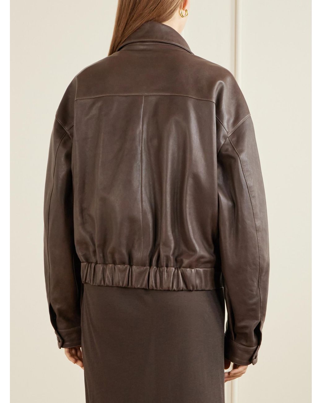 Nour Hammour Brown Quincy Cropped Paneled Leather Bomber