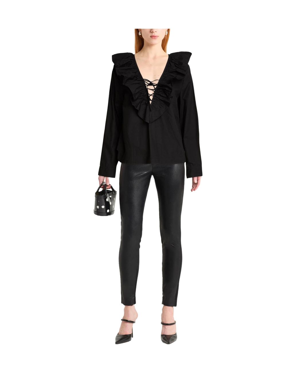 Ganni Black Solid-Color Long-Sleeve Ruched Top