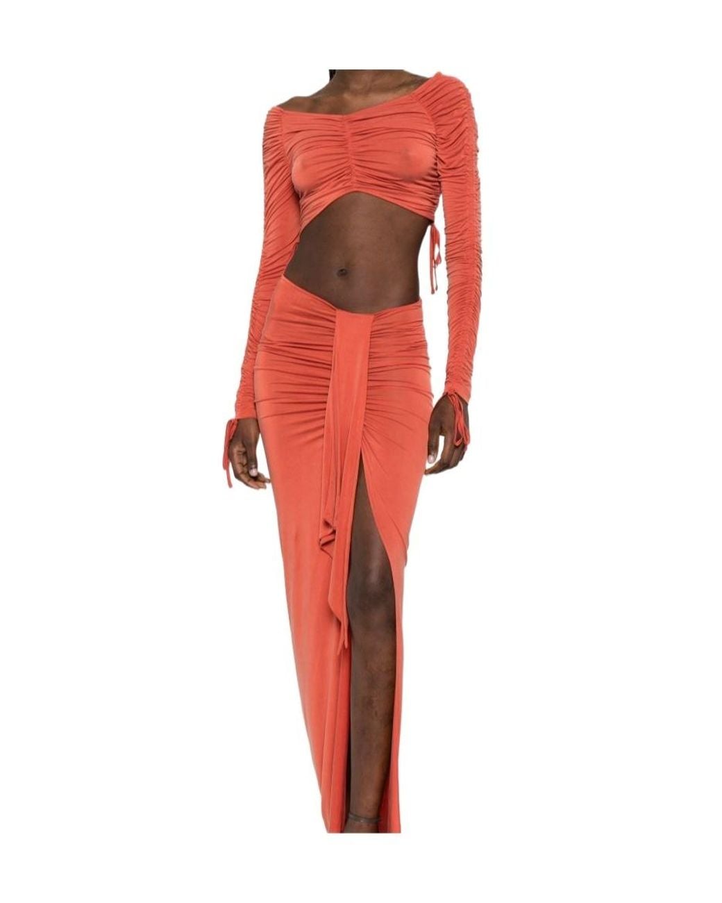 Balmain Red Ruched Long-Sleeve Crop Top