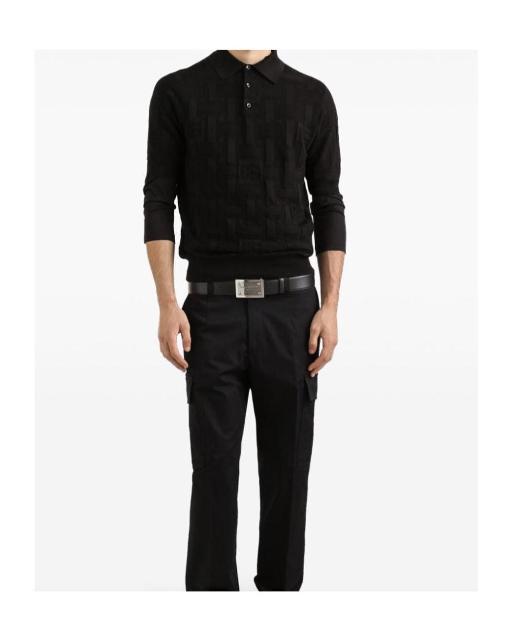 Dolce & Gabbana Black Silk Jacquard Monogram Polo Shirt for men