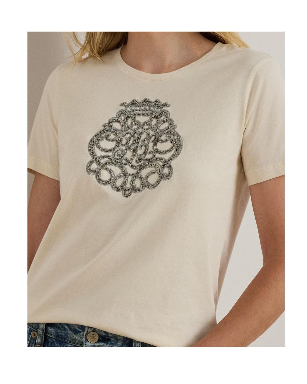 Ralph Lauren Blue Beaded Crest-Patch T-Shirt