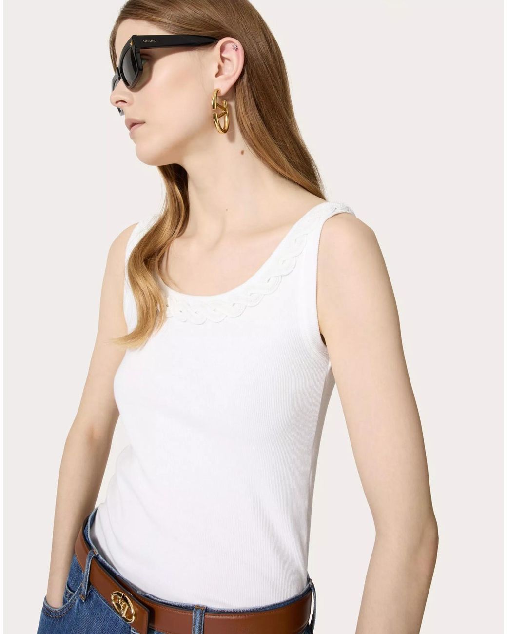 Valentino White Embellished-Trim Straight Hem Top