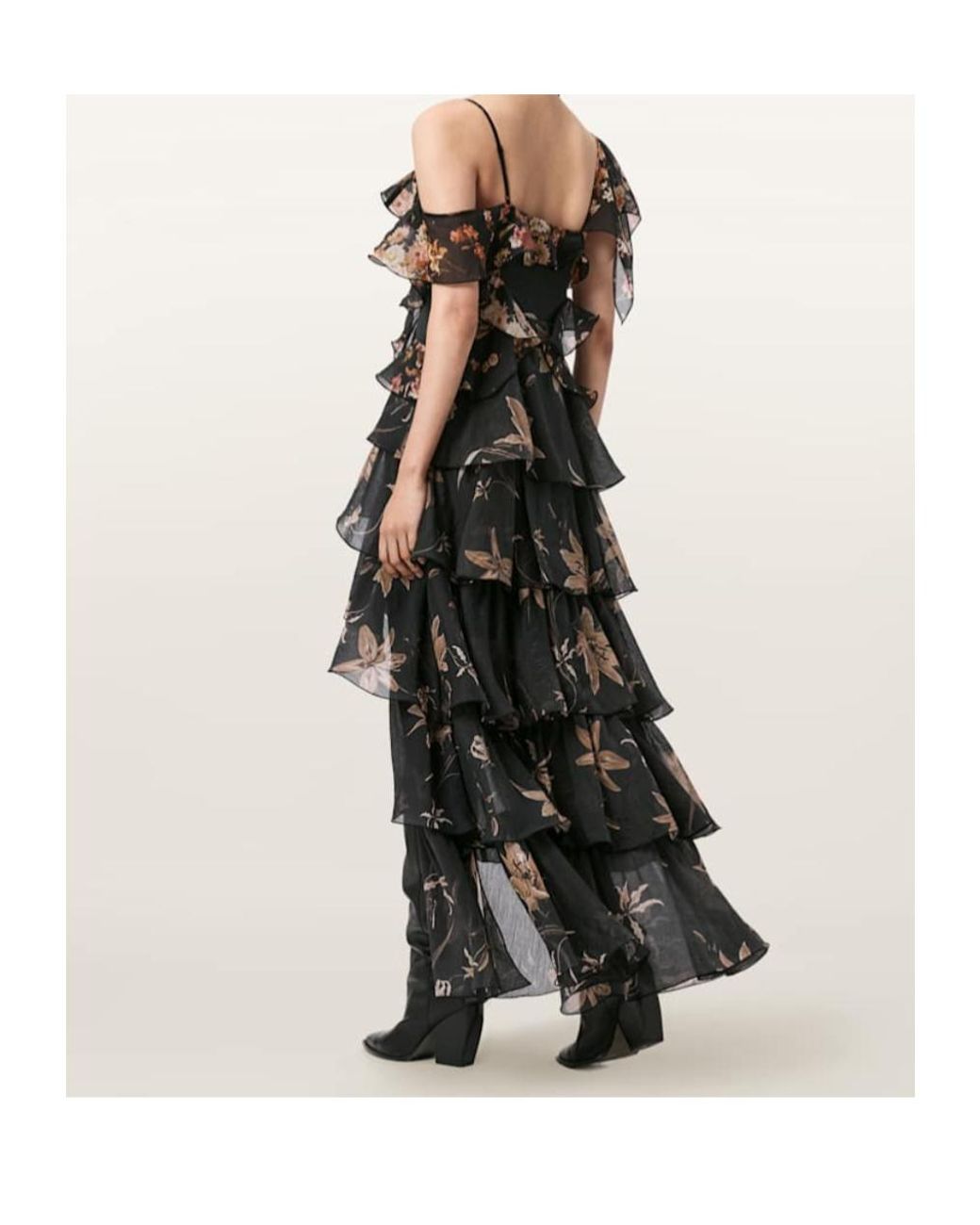 AllSaints Black Sienna Ruffled Floral-Print Midi Dress