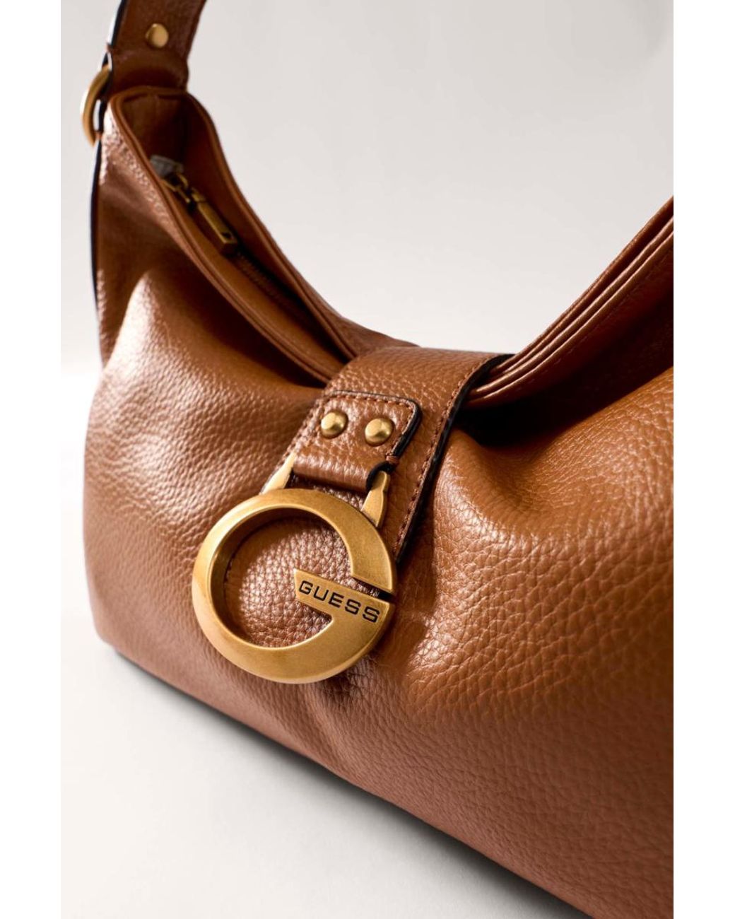 Guess Brown Camden Logo-Plaque Pebbled Midi Shoulder Bag