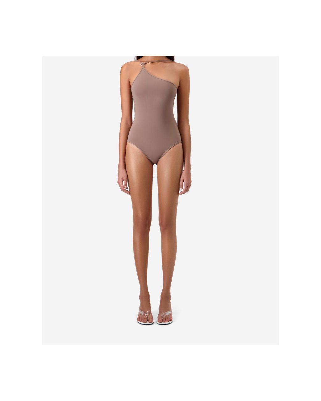 Coperni Brown One Shoulder Asymmetric Swimsuit