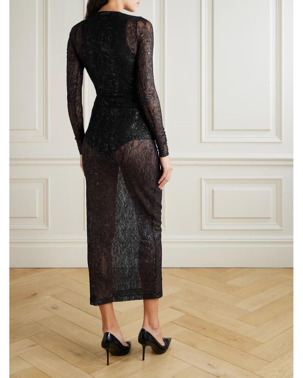 Wardrobe NYC Black Metallic Corded Lace Midi Dress
