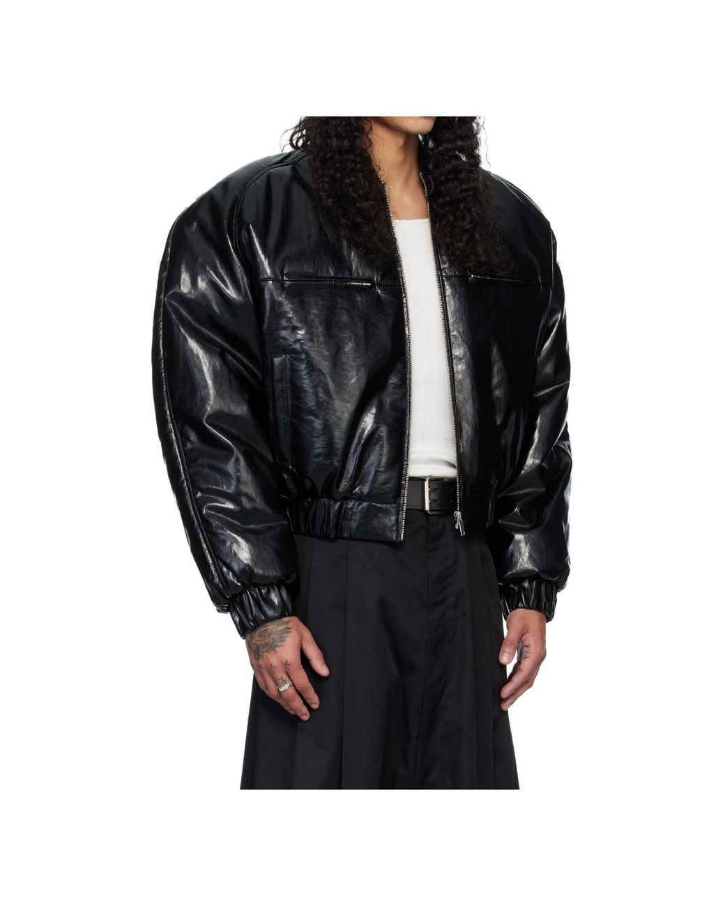 Lu'u Dan Black Long-Sleeved Faux Leather Bomber Jacket for men