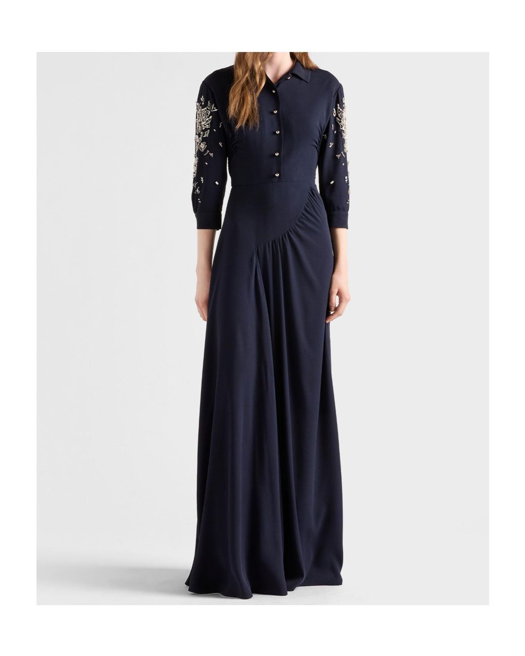 Prada Blue Long Embroidered Sablé Dress