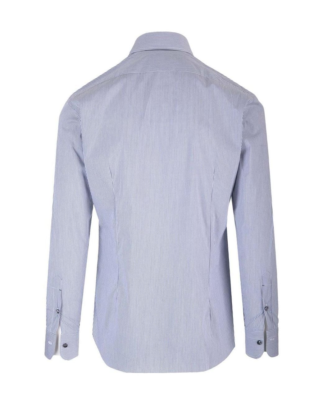Barba Napoli Blue Mini-Check Curved Hem Shirt for men