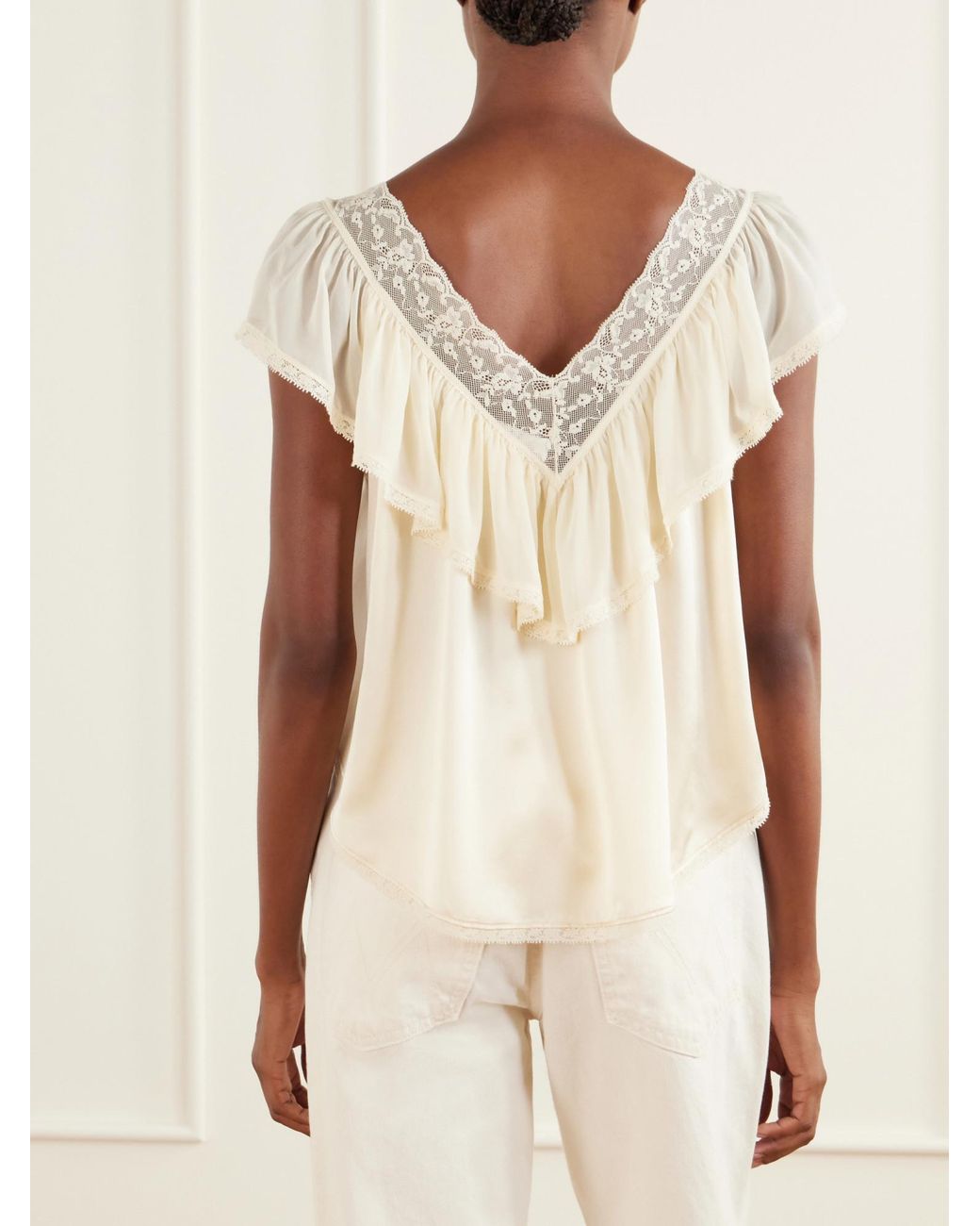 Doen White Ruffled Lace-Trimmed Silk Blouse