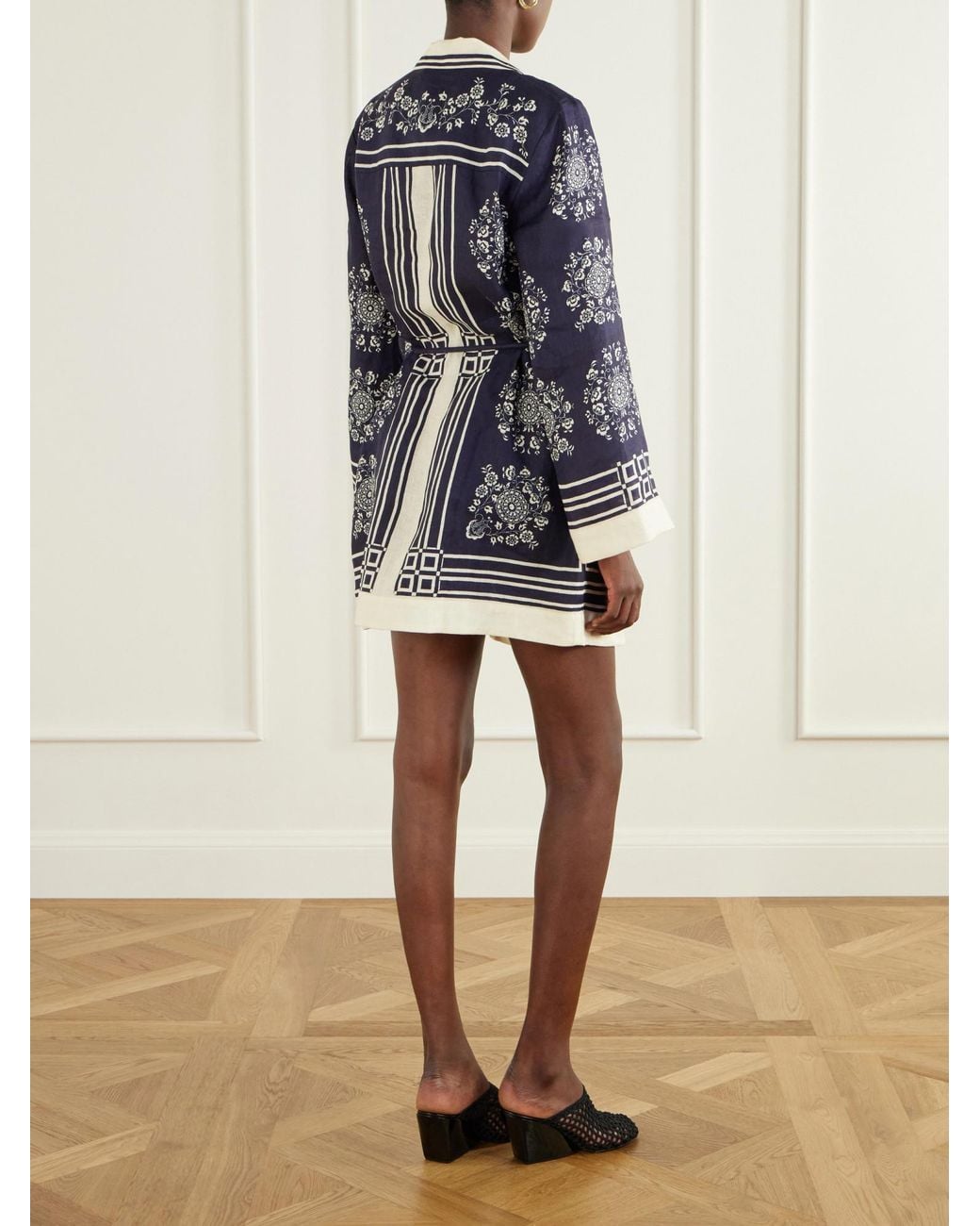 ALÉMAIS Blue Belted Printed Linen Mini Dress