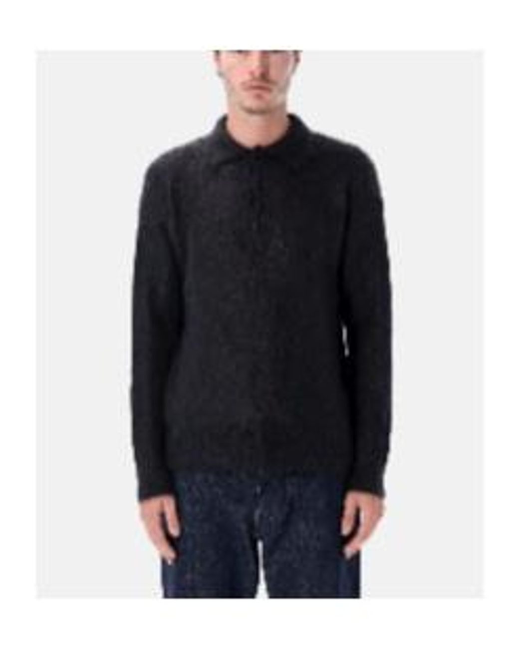 Auralee Black Fuzzy Polo Knitted Sweater for men