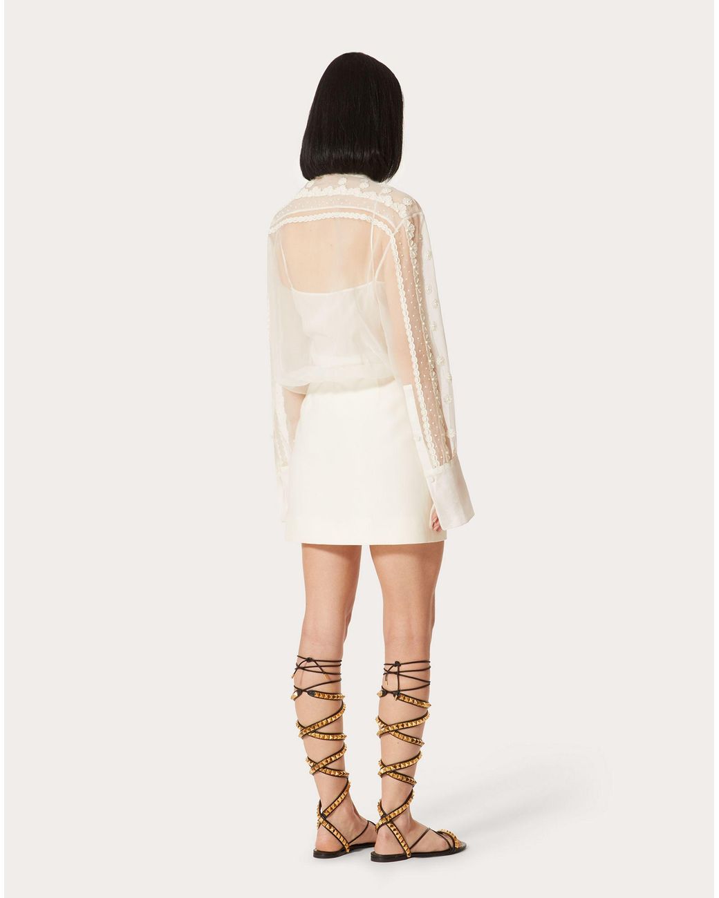Valentino White Floral-Embroidered Long-Sleeve Dress