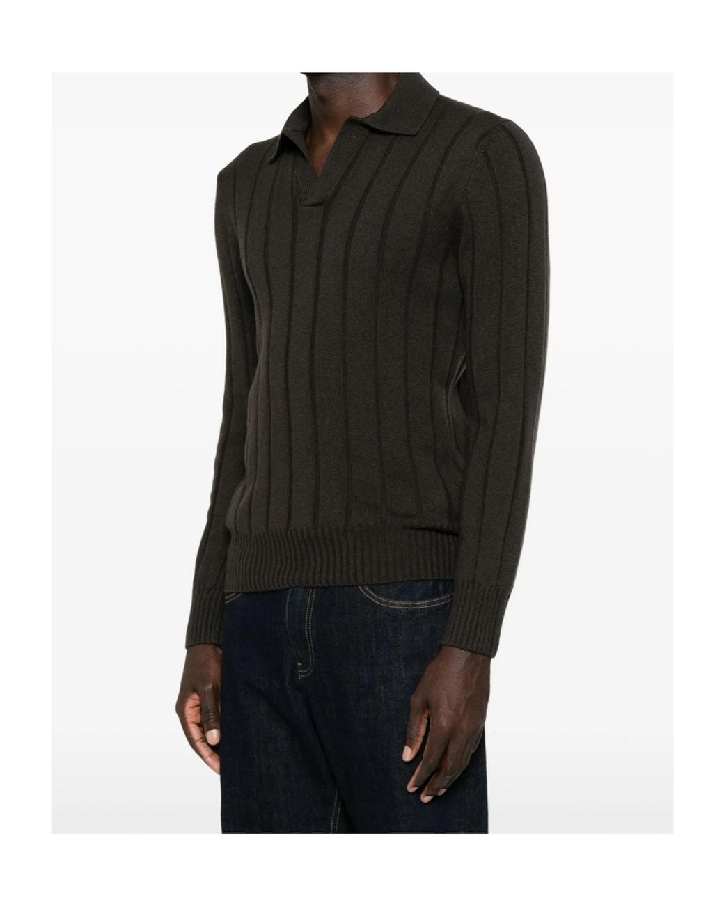 Gran Sasso Black Ribbed Polo-Collar Sweater for men