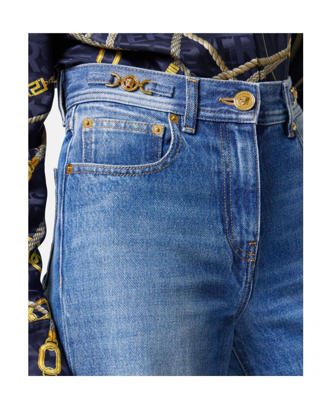 Versace Blue Medusa 95 Logo-Engraved Mid-Rise Flared Jeans