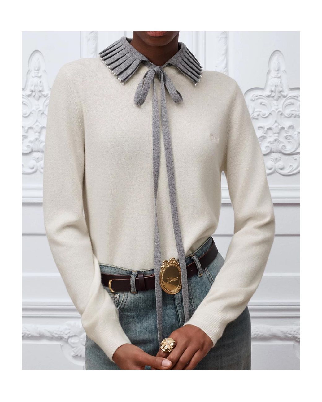 Dior White Sweater With Embroidered Collar