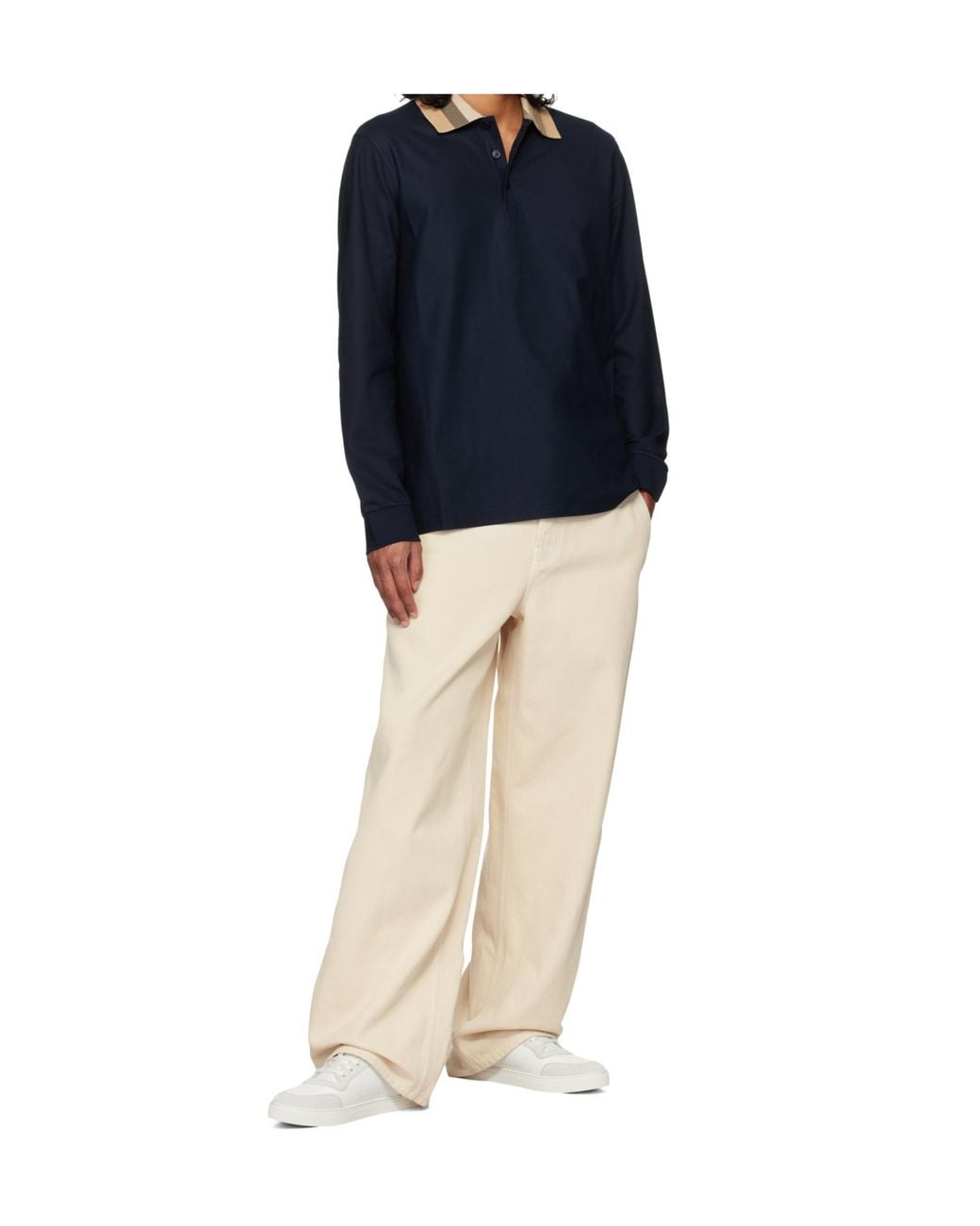 Burberry Blue Cotton Check-Collar Long-Sleeve Polo Shirt for men