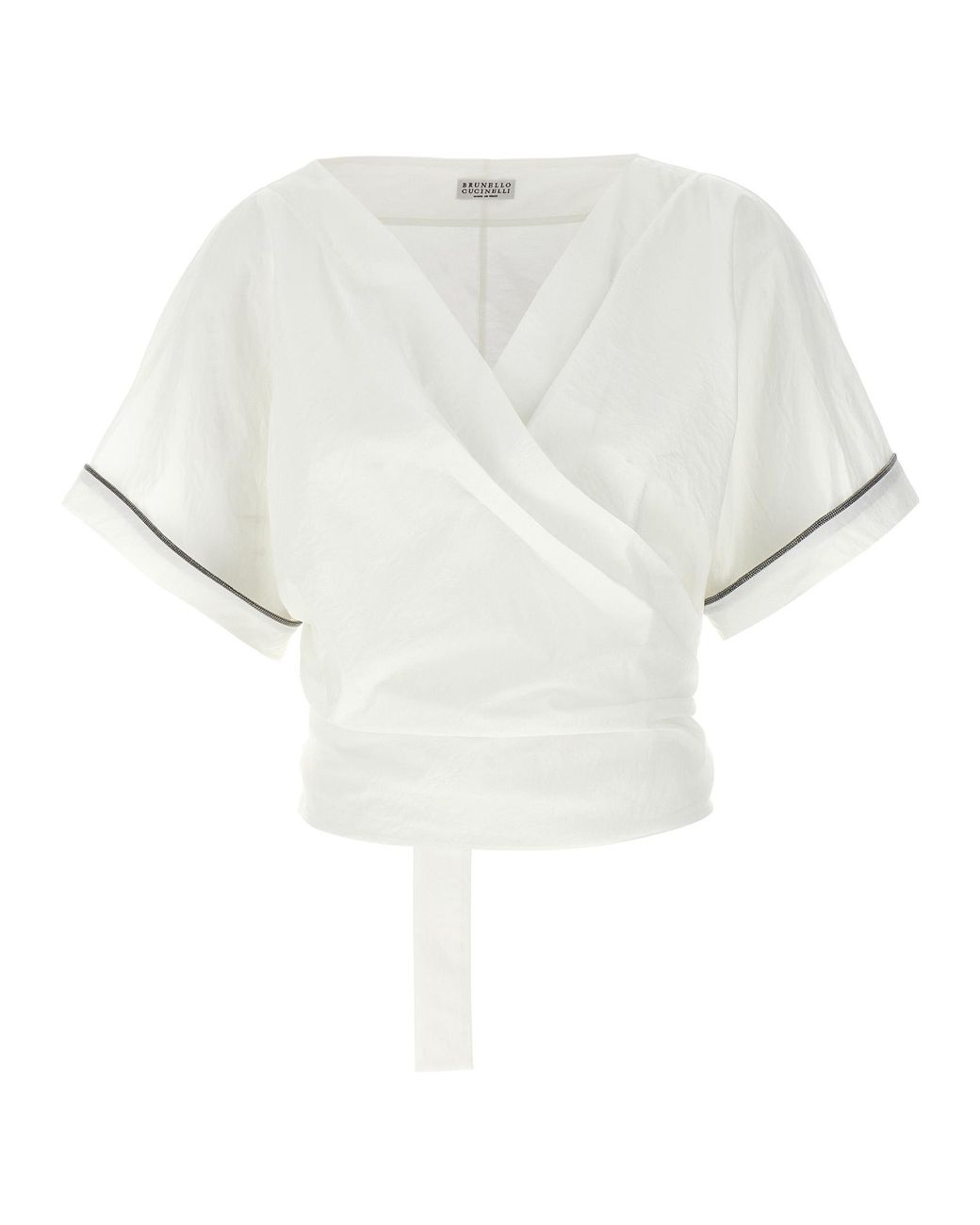 Brunello Cucinelli White Shiny Trim Poplin Kimono-Style Top