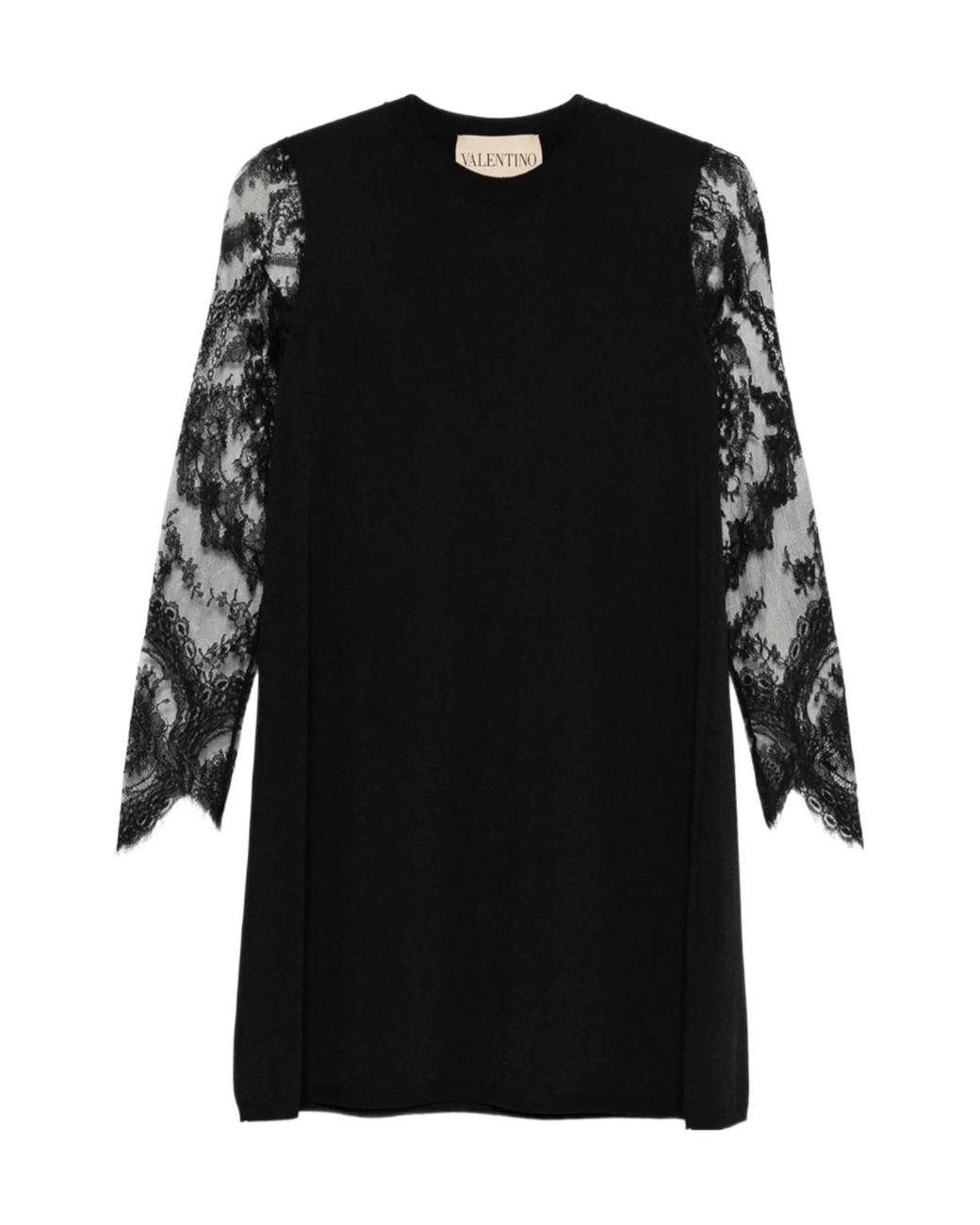 Valentino Black Lace-Sleeved Crewneck Mini Dress