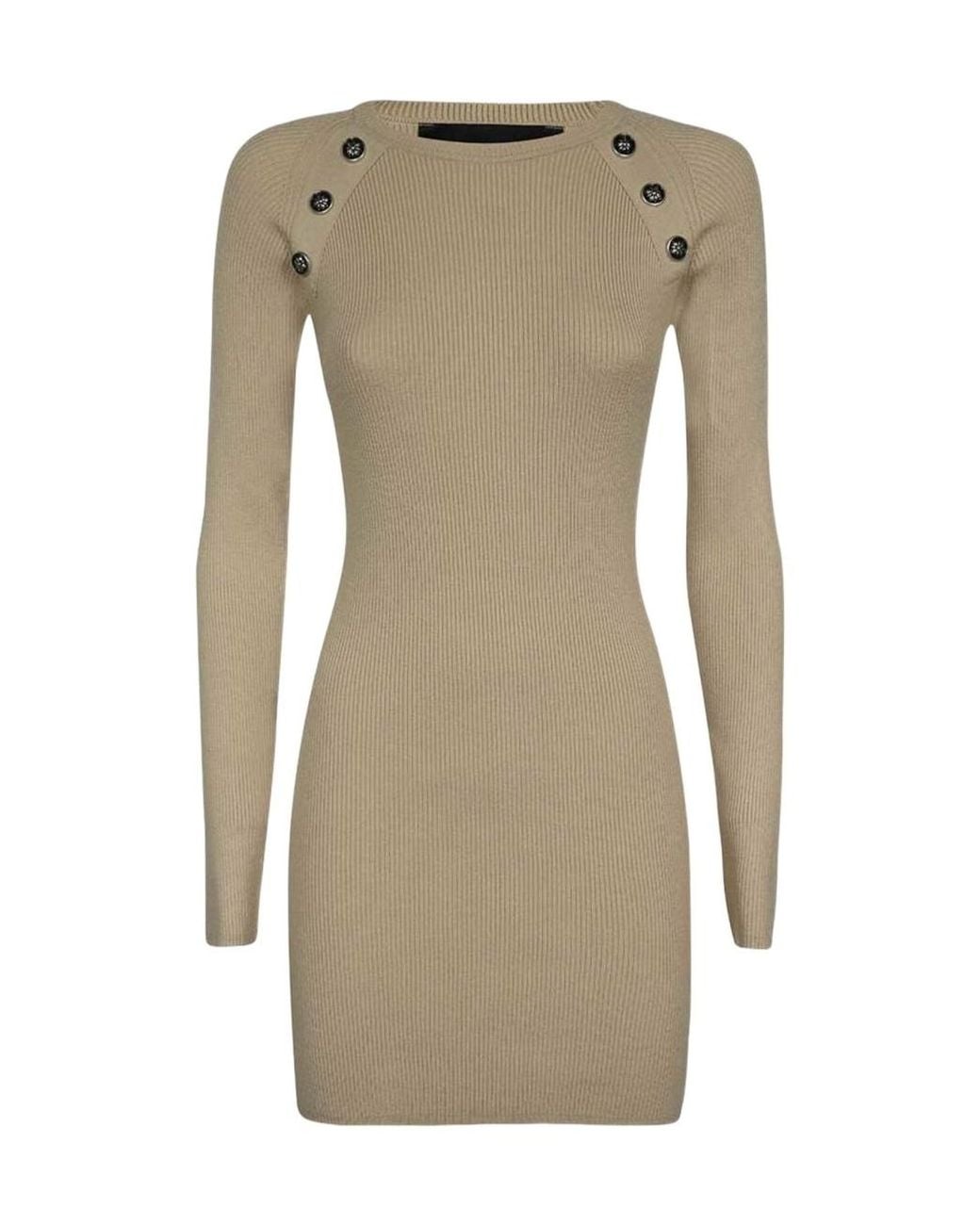John Richmond Natural Ribbed Knit Button-Embellished Dress