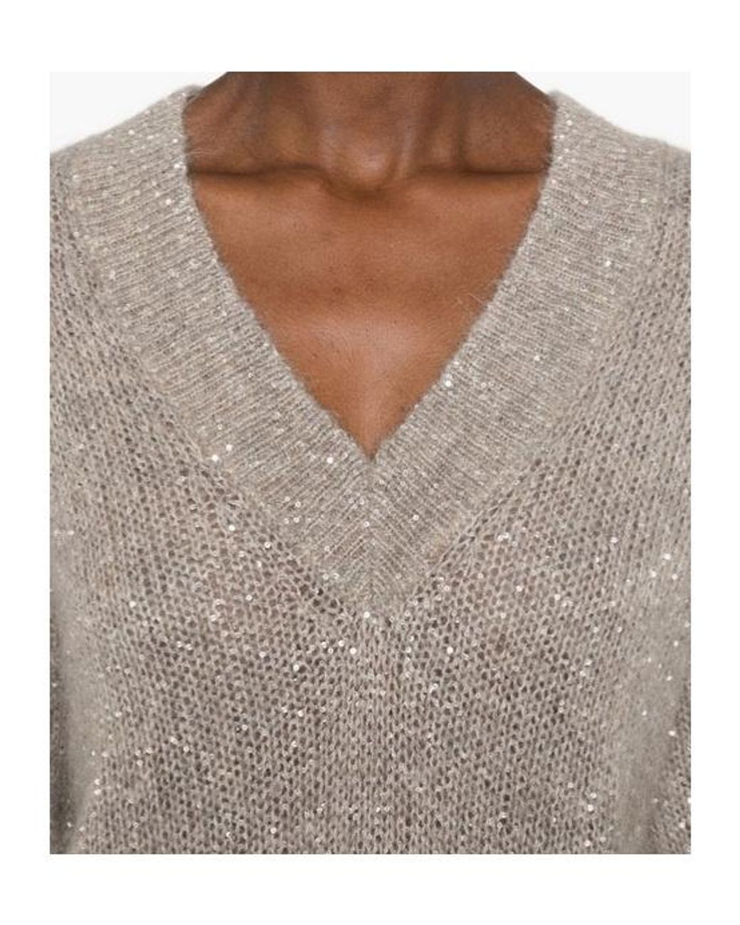 Brunello Cucinelli Natural Sequin-Embellished V-Neck Sweater