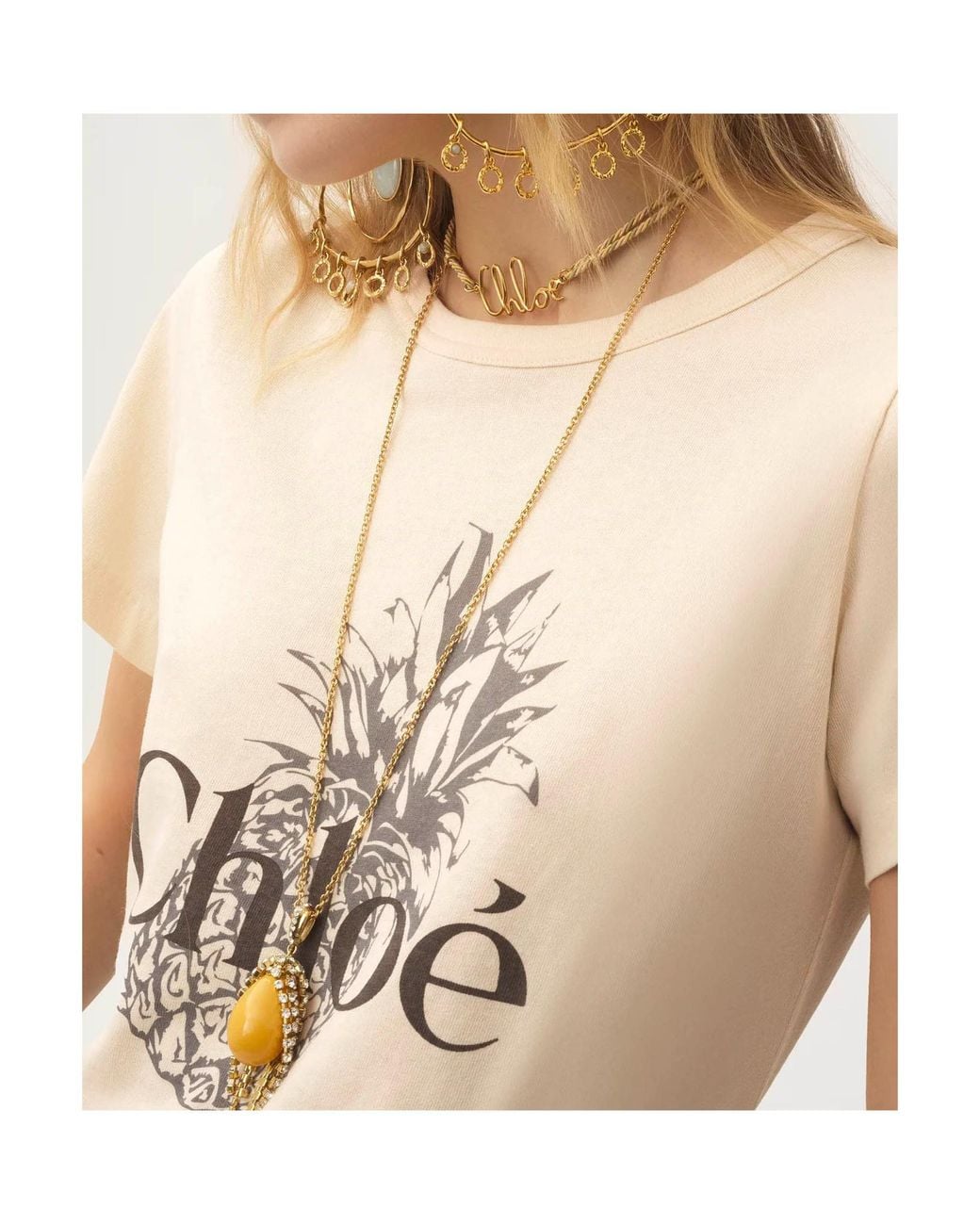 Chloé Natural Chloé Logo Printed Crewneck T-Shirt