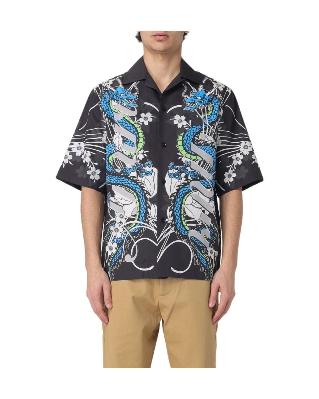 Amiri Blue Dragon Printed Short-Sleeved Bowling Shirt for men