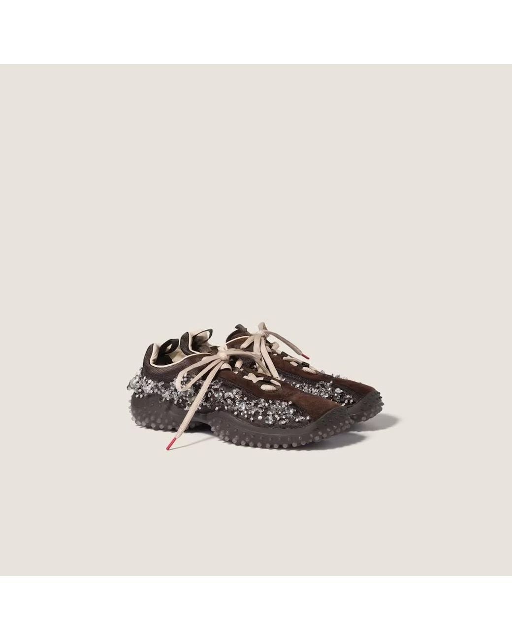 Miu Miu Brown Bubble Embroidered Technical Fabric And Suede Sneakers