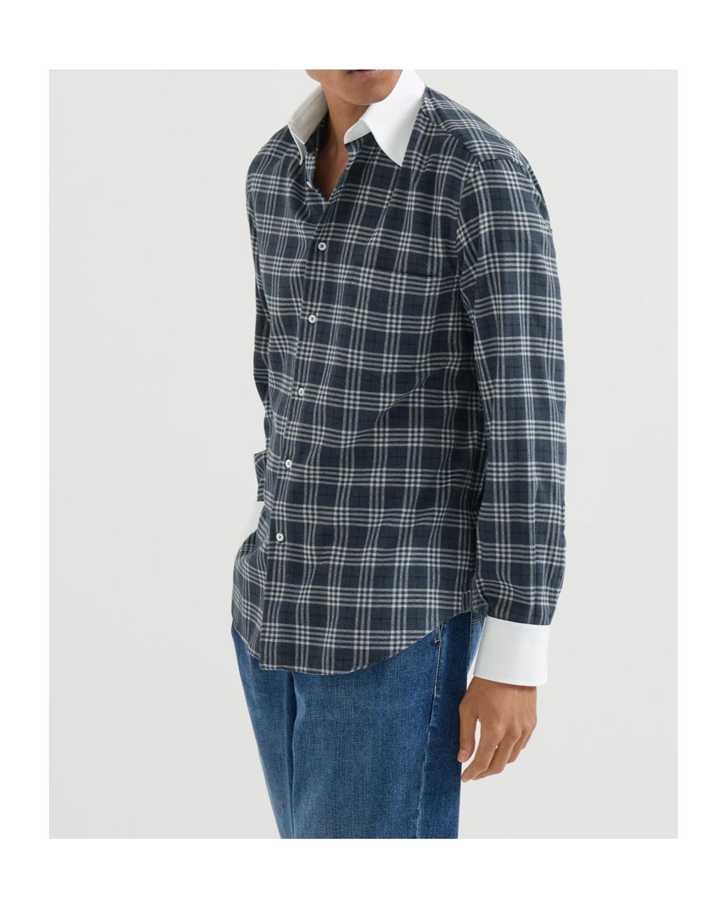 Brunello Cucinelli Blue Cotton And Lyocell Tartan Flannel Shirt With Contrast Italian Collar And Cuffs for men