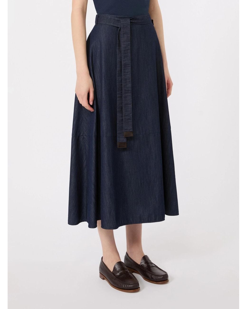 Max Mara Blue Belted Denim Midi Skirt