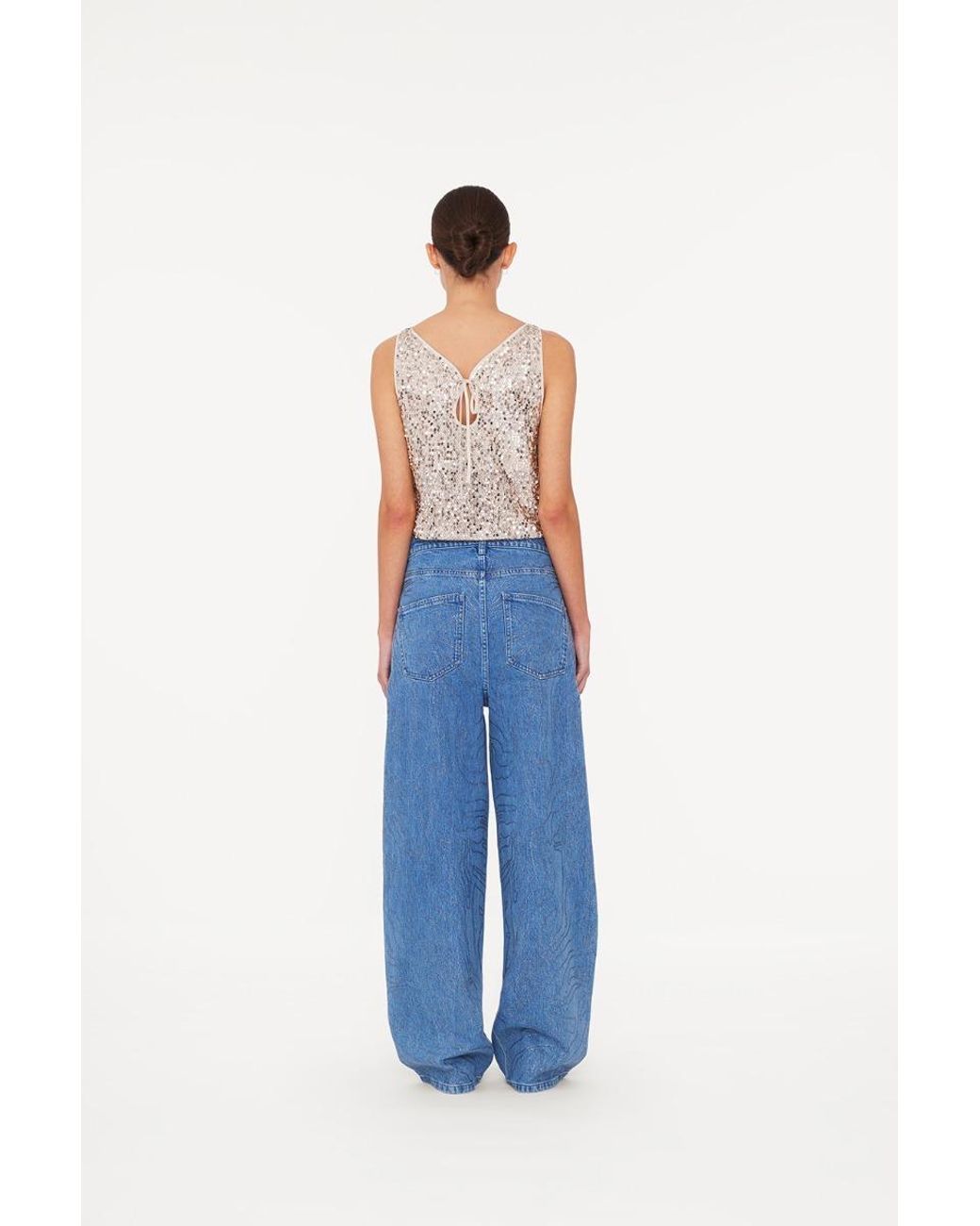 ROTATE BIRGER CHRISTENSEN Blue Rhinestone-Embellished Wide-Leg Jeans