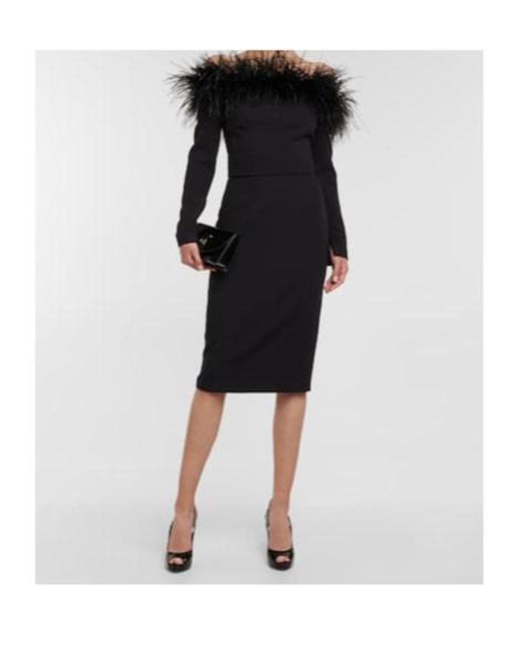 Safiyaa Black Feather-Trimmed Midi Dress
