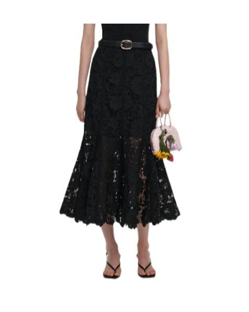 Self-Portrait Black Floral Lace Midi Skirt