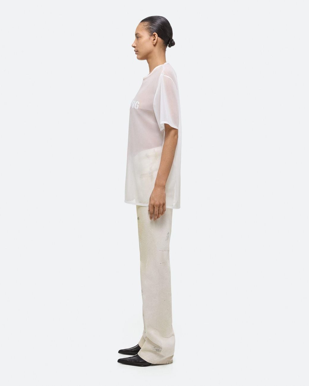Helmut Lang White Logo Printed Sheer Crewneck T-Shirt