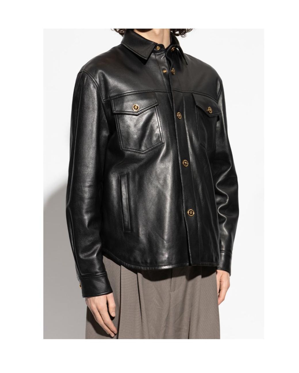 Versace Black Button-Up Leather Overshirt for men