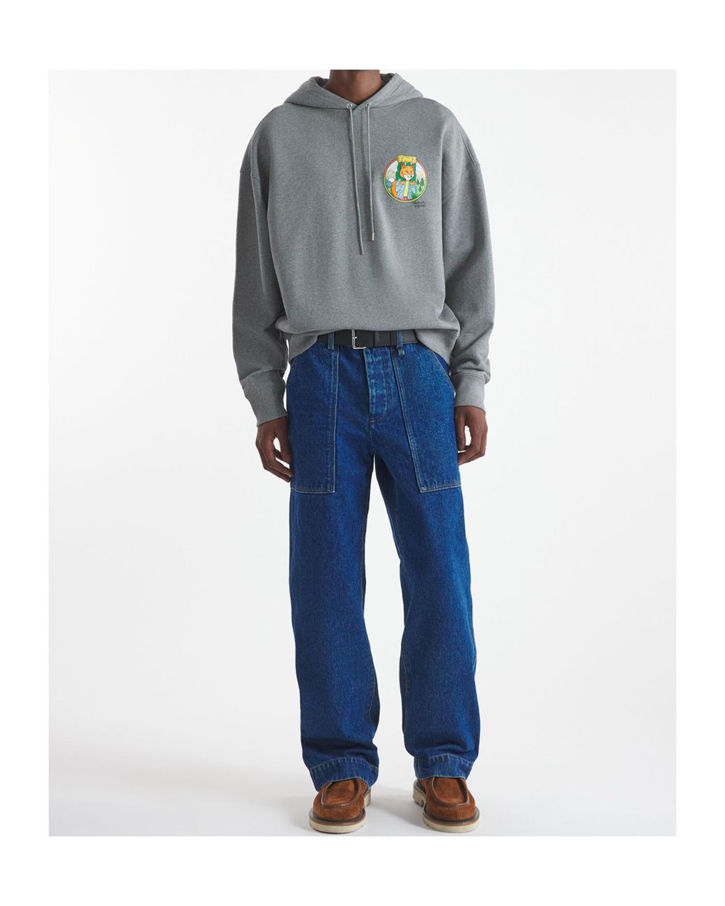 Maison Kitsuné Gray Maison Kitsuné Rambling Fox Printed Drawstring Hoodie for men