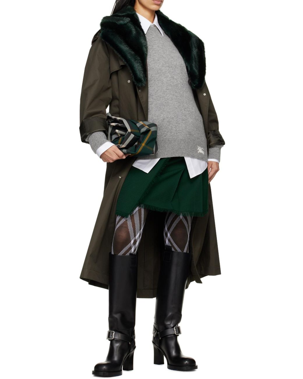 Burberry Green Pleated Frayed-Edge Mini Skirt