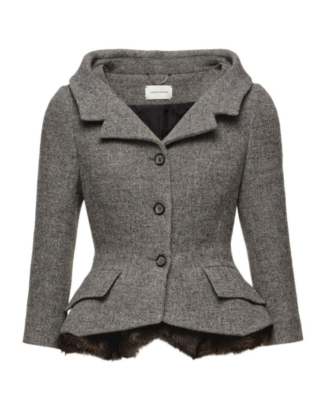 Magda Butrym Gray Herringbone-Pattern Faux-Fur-Trim Blazer