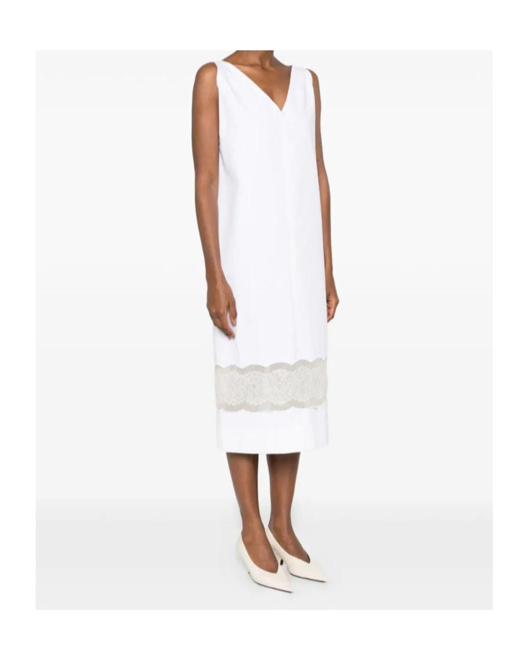 Carven White Lace-Trim V-Neck Dress