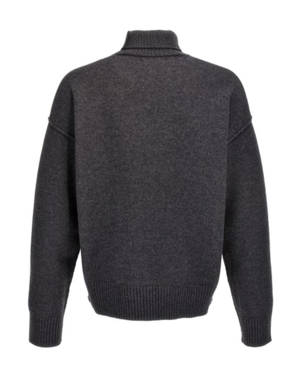AMI Gray Ami De Coeur Logo Intarsia Knitted Roll-Neck Jumper for men