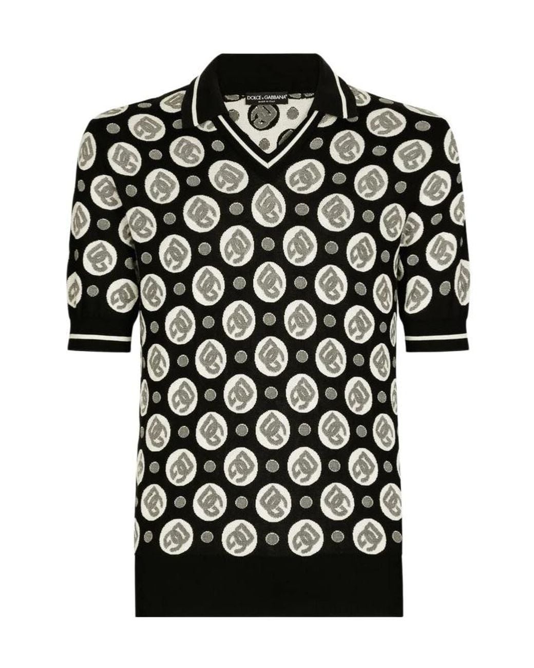 Dolce & Gabbana Black Logo-Print Silk Polo Shirt for men