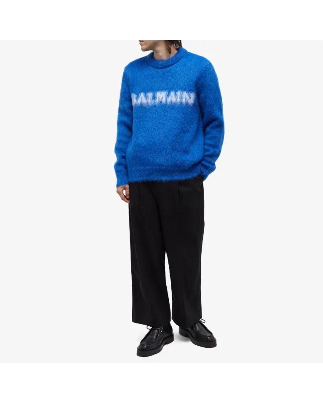 Balmain Blue Retro Brushed Crewneck Jumper for men
